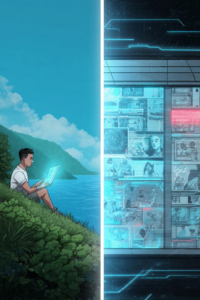 a split-screen scene: on the left, a person whispers an idea into a glowing AI device, thinking they’re alone. On the right, that same idea blooms into products, ads, and content in a busy marketplace filled with cloned faces and AI-generated designs. 