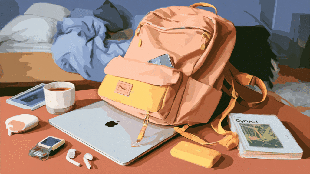 Bright digital illustration of a cozy tech setup featuring a pink backpack, MacBook, coffee mug, and everyday gadgets on a desk, with a soft bed in the background.