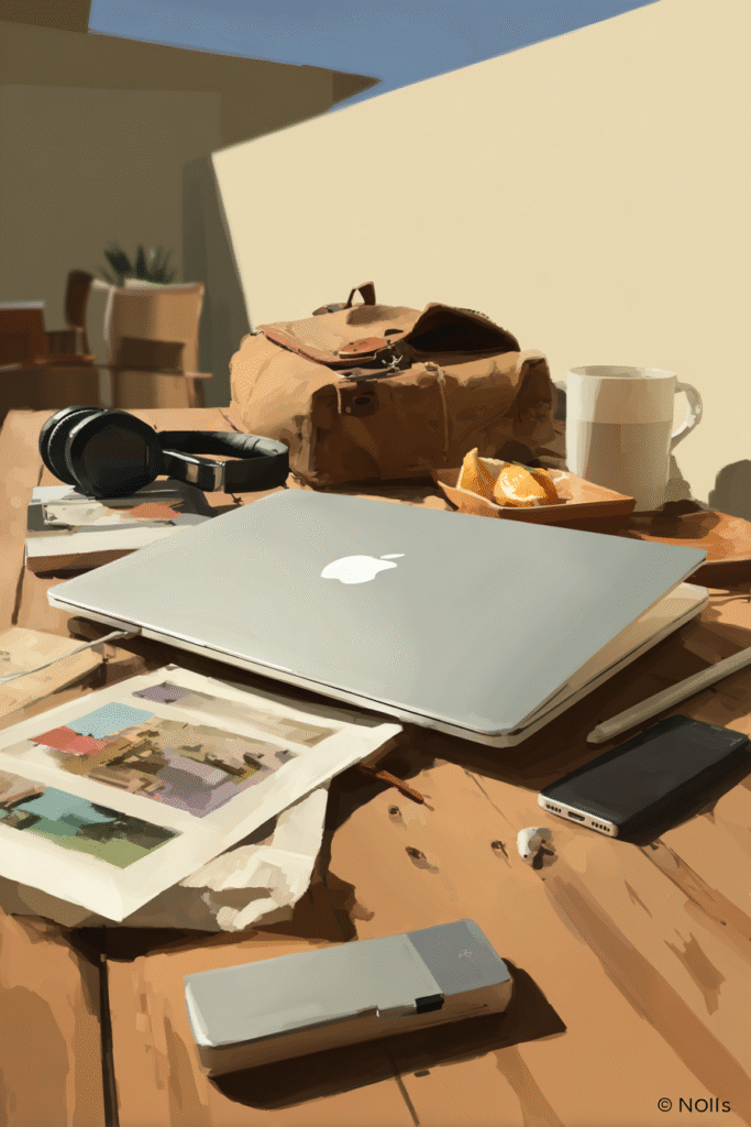 Sunlit digital painting of a casual work setup on a wooden table, featuring a laptop, orange slices, headphones, and a backpack under clear skies.