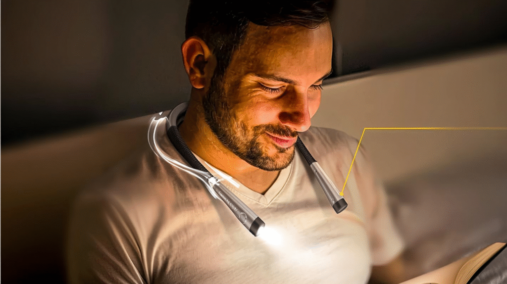 Rocketbook Fusion notebook glowing with smart lights Person using a futuristic LED neck reading light while reading in bed at night
