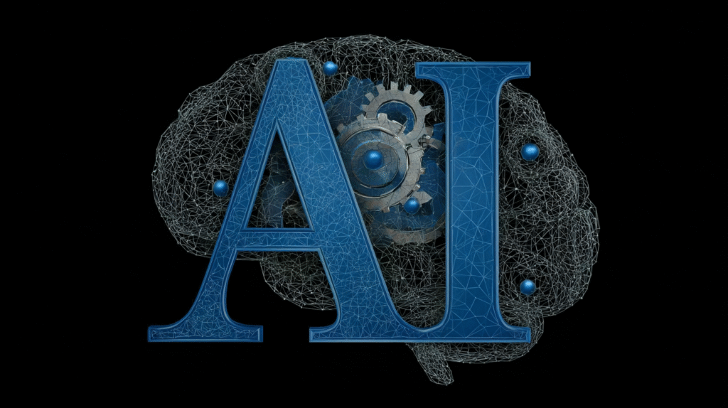 A blue “AI” logo in front of a glowing wireframe brain filled with gears and spheres, representing the fusion of artificial intelligence and cognitive processing.